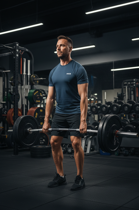 Man deadlifting in MoYB Blue Steel Performance Tee