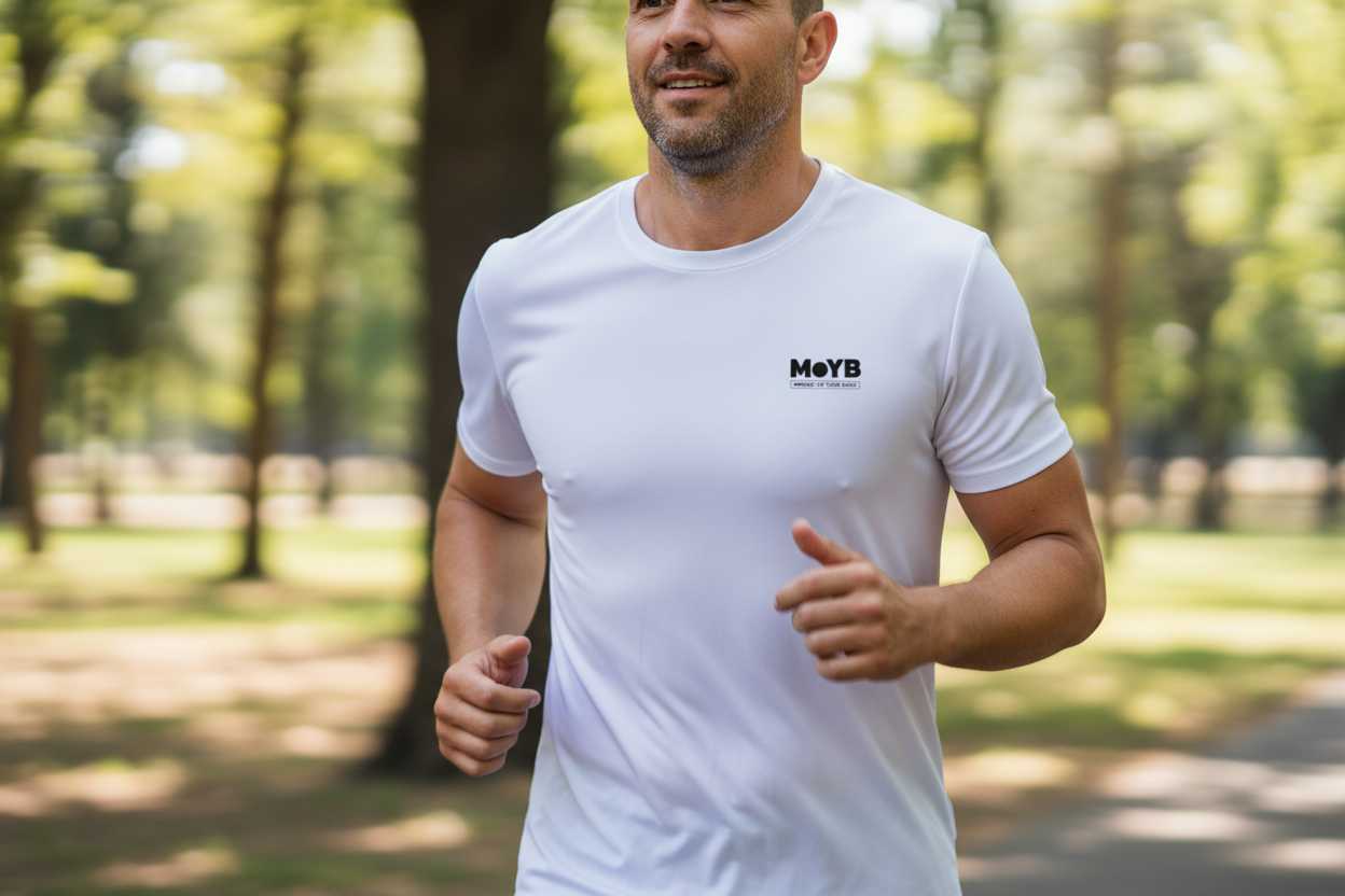 Man running in park wearing MoYB Performance Tee White