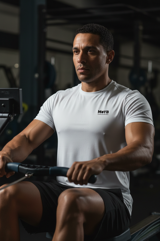 Mixed race man on rowing machine wearing MoYB Men's Performance Tee White