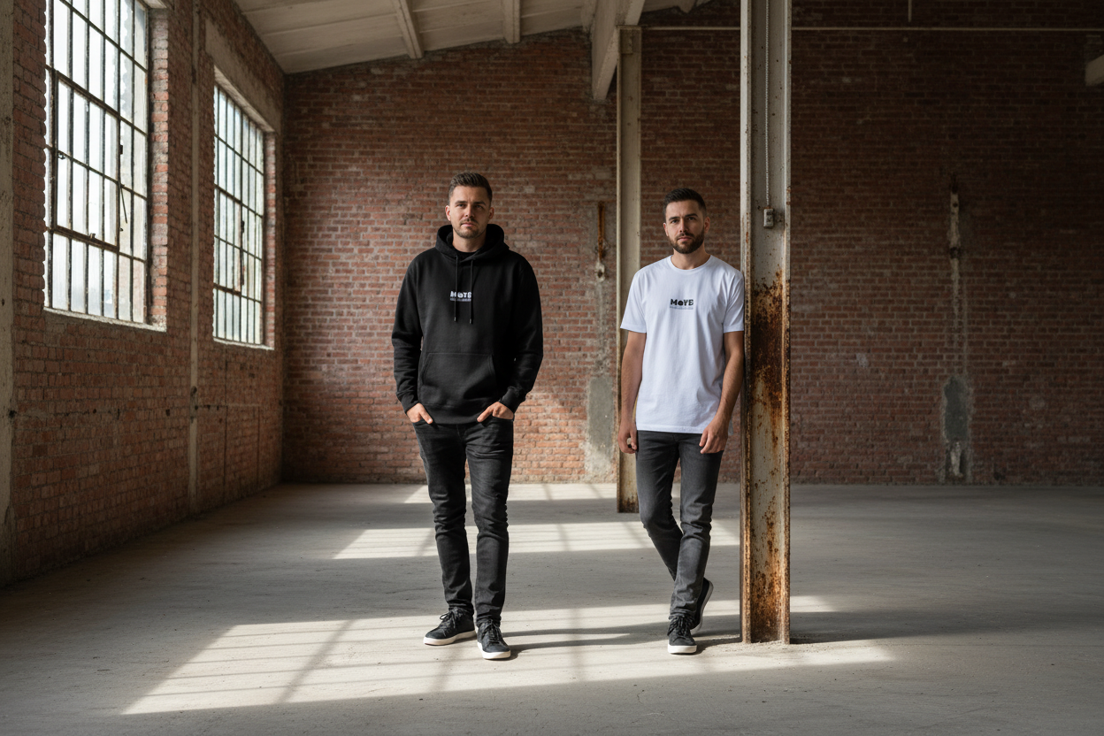 Two men wearing MoYB products in a brick warehouse
