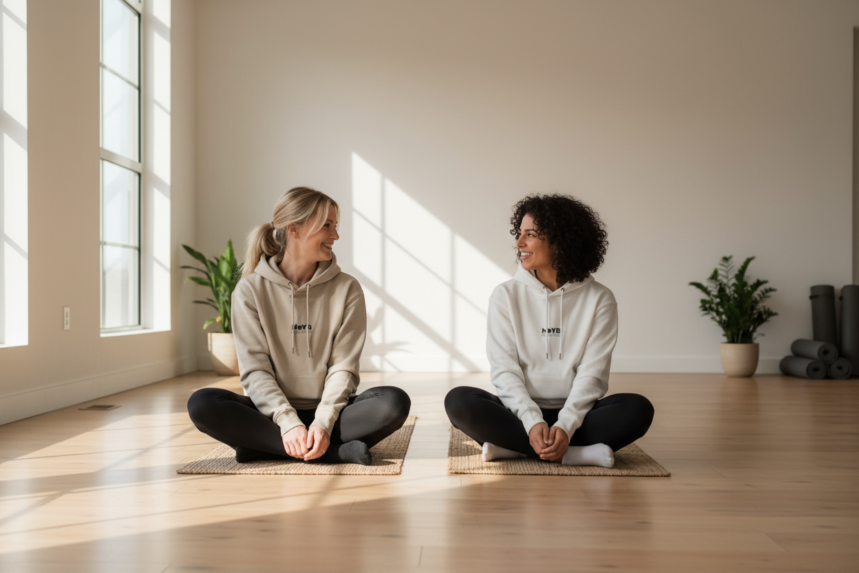 Two women in MoYB Mindful Hoodies in a yoga studio